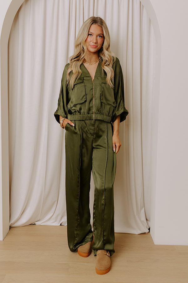 Perfectly Polished Satin Zip Up Top in Olive