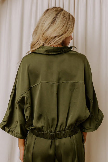Perfectly Polished Satin Zip Up Top in Olive