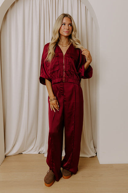 Perfectly Polished Satin Zip Up Top in Merlot