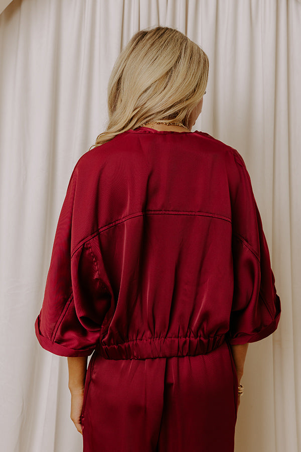 Perfectly Polished Satin Zip Up Top in Merlot