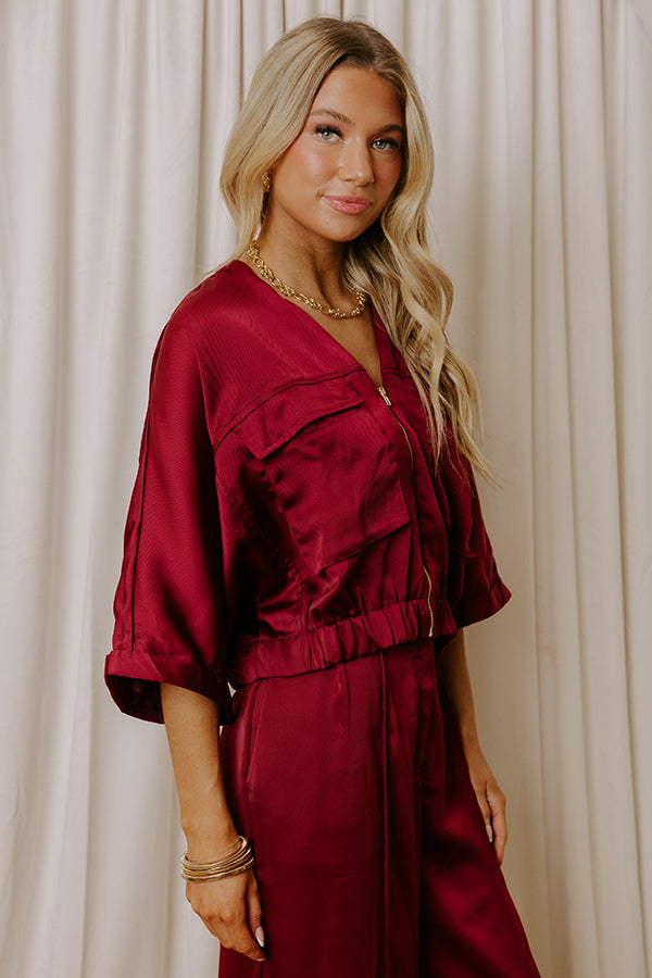 Perfectly Polished Satin Zip Up Top in Merlot