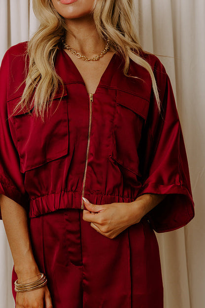 Perfectly Polished Satin Zip Up Top in Merlot