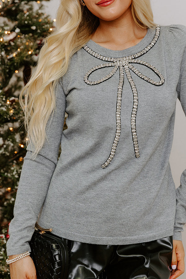 Merry Little Bow Embellished Sweater Top in Grey
