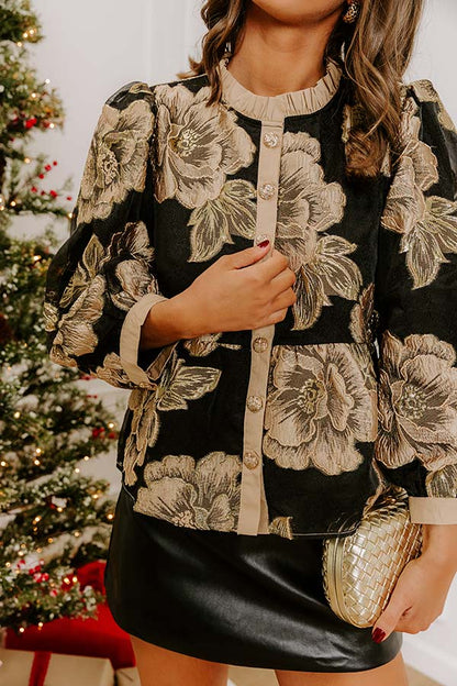 Bubbly Personality Floral Jacquard Peplum Top in Taupe