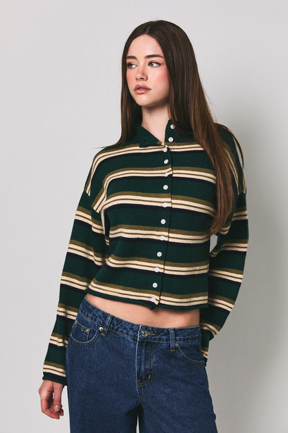 Roll Hem Buttons Detail Striped Cardigan