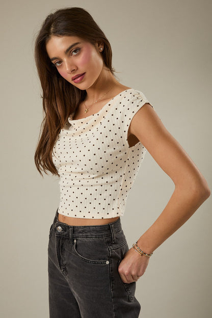 Slouchy Shoulder Polka Dot Rib Top