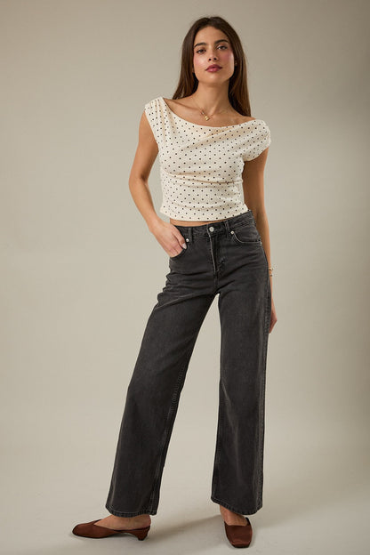 Slouchy Shoulder Polka Dot Rib Top