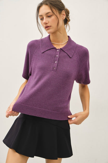 Wool Blended Raglan SS Polo Sweater