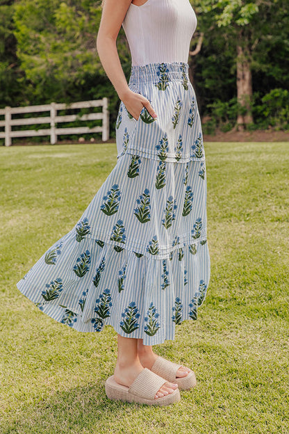 Boho Energy High Waist Floral Midi Skirt in Light Blue