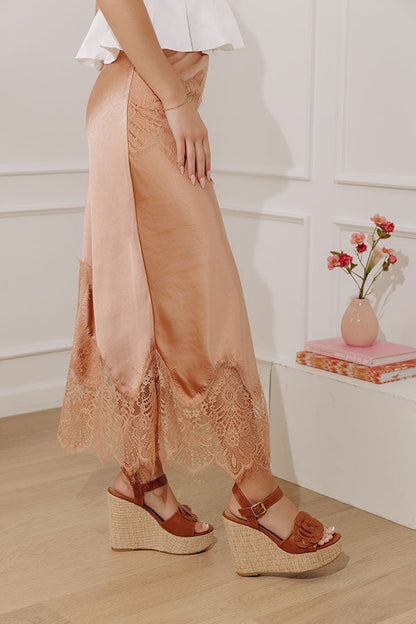 Feeling Luxurious High Waist Satin Lace Trim Midi Skirt