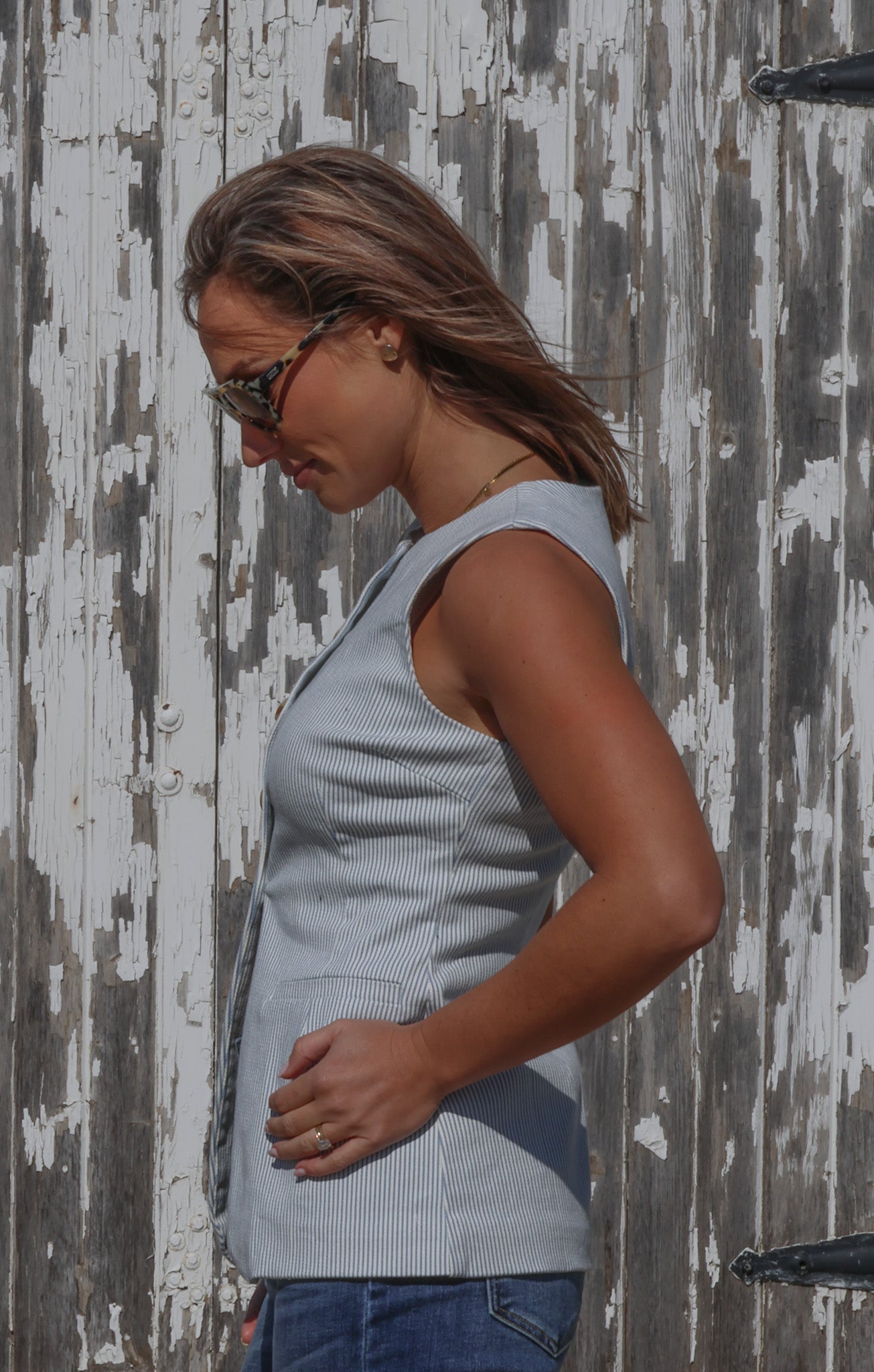 Pinstripe Longline Button Down Denim Vest