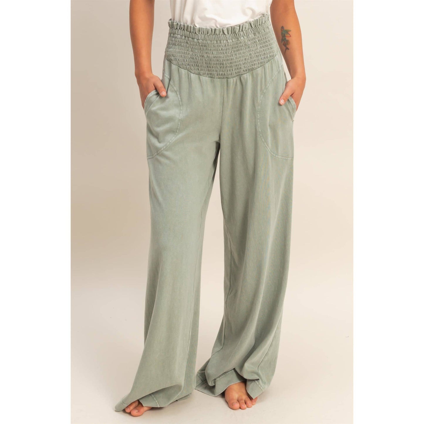 So Fetch Mineral Washed Wide-Leg Smocked Waist Pants | 6 Colors