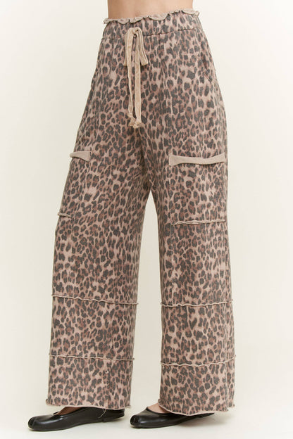 Mineral Washed Animal Leopard Wide Leg Pants