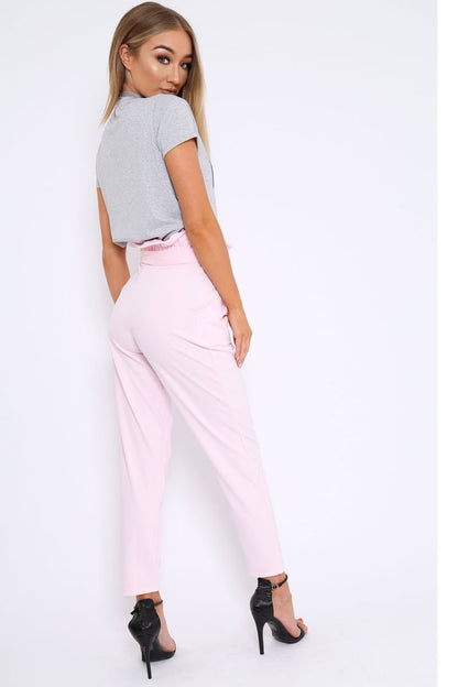 Baby Pink Paper Bag Tie Waist Cigarette Trousers - Karmen