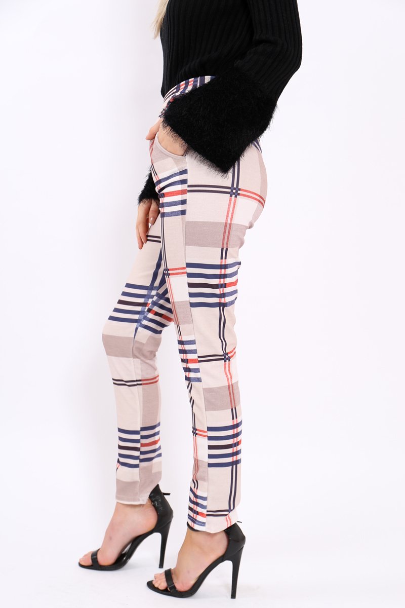 Beige Check Tapered Trousers - Jasmyn