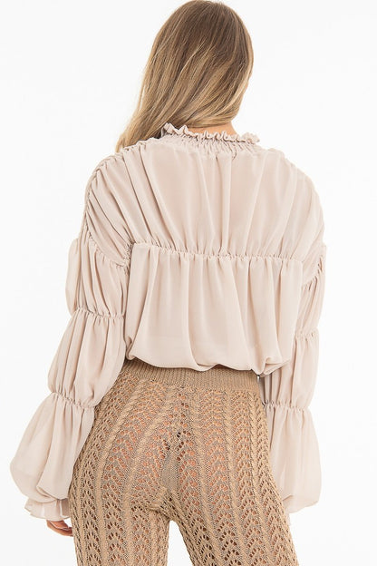Beige Chiffon Balloon Sleeve Crop Tie Front Blouse - Amelia