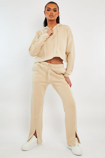 Beige Front Split Wide Leg Joggers - Jenise