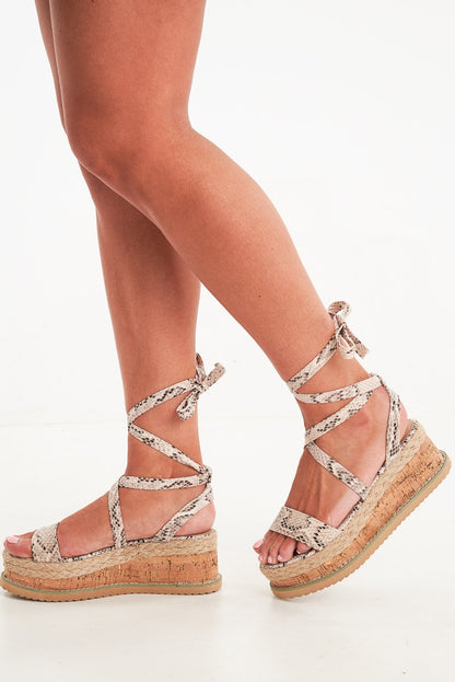 Beige Snake Print Lace Up Platform Wedges - Camara