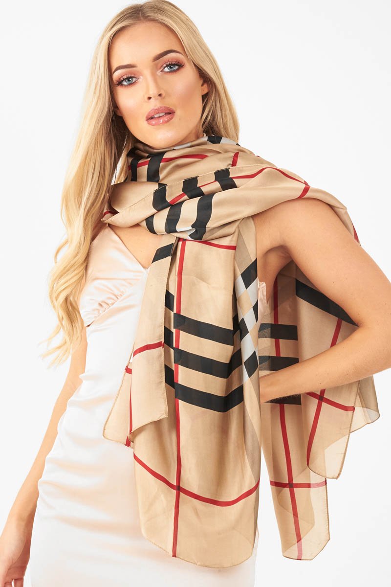 Beige Tartan Print Chiffon Scarf - Safana