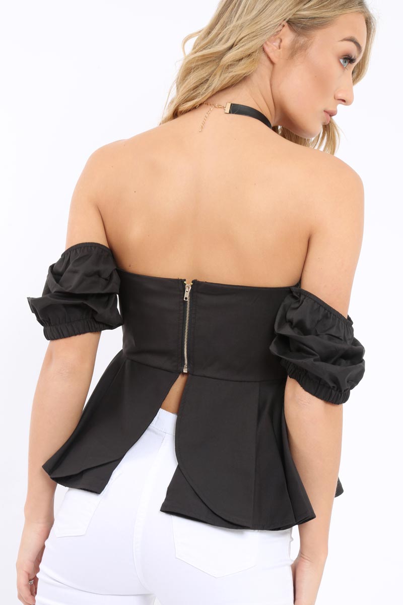 Black Bardot Corset Ruffle Sleeve Top - Shannen