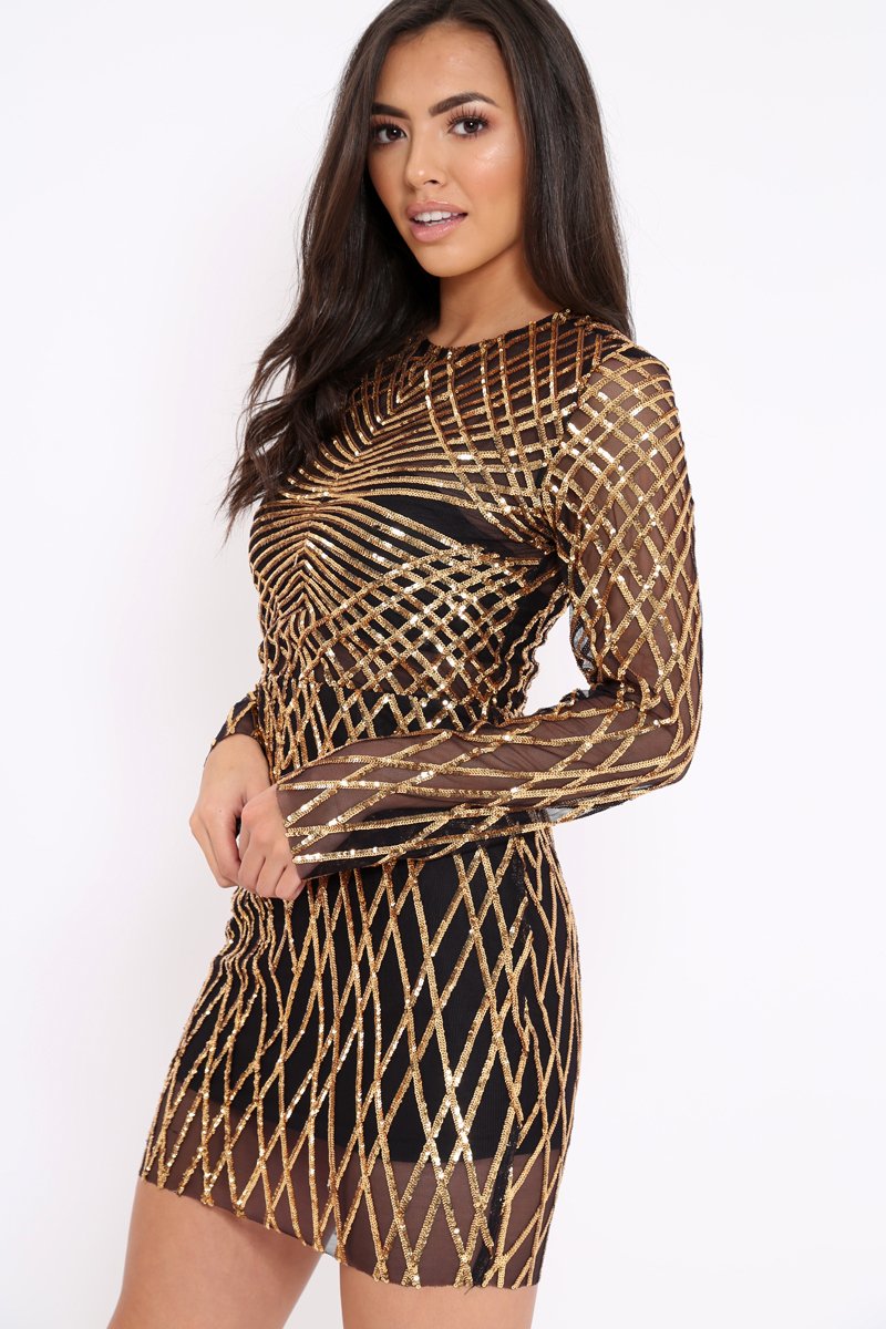 Black and Gold Sequin Bodycon Dress - Lexy