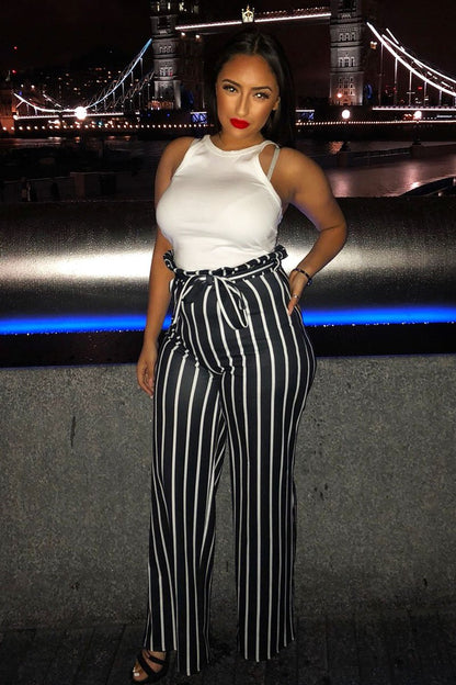 Black and White Stripe Paper Bag Tie Waist Wide Leg Trousers - Kennedy