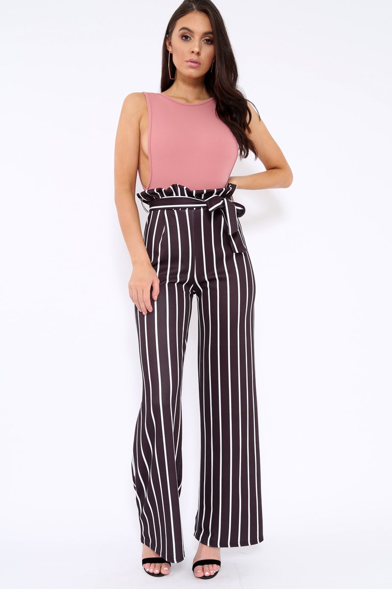 Black and White Stripe Paper Bag Tie Waist Wide Leg Trousers - Kennedy