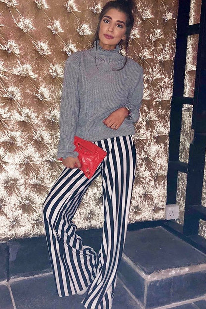 Black and White Striped Wide Leg Trousers - Blakley