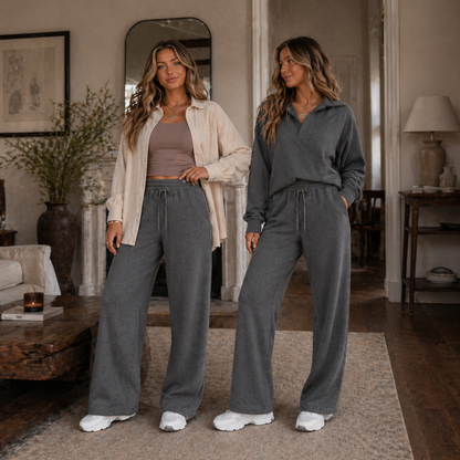 Jet Set Collared V Neck Pullover Sweatshirt Sweatpants Set