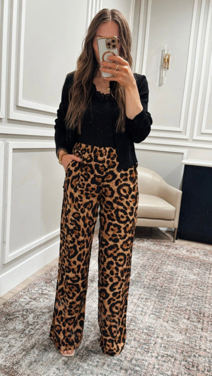 Leopard Print Waist Tie Pull On Pants