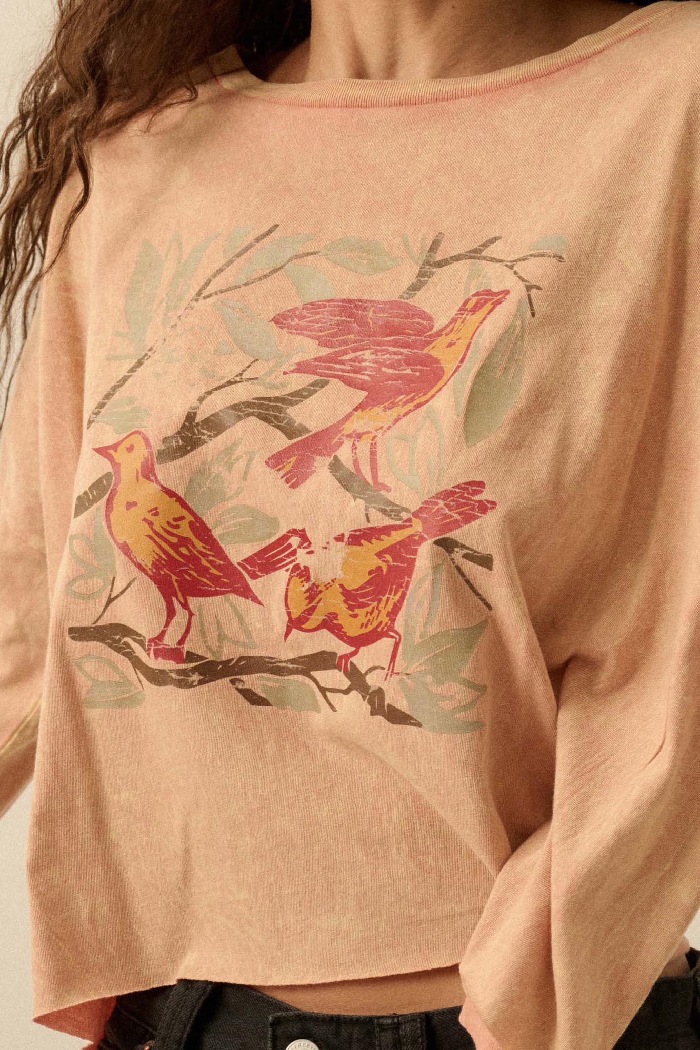 Bird Watching Vintage-Wash Long-Sleeve Graphic Tee