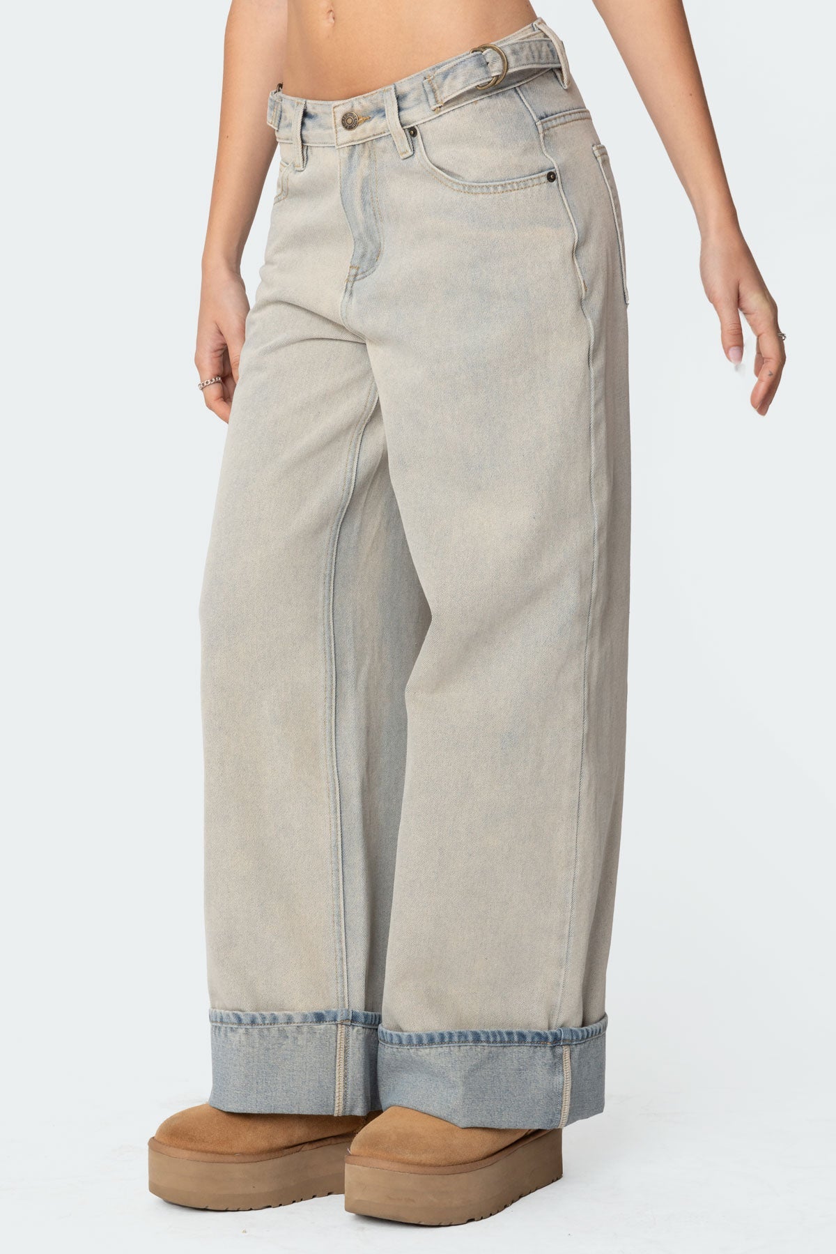 Double Belt Washed Low Rise Baggy Jeans