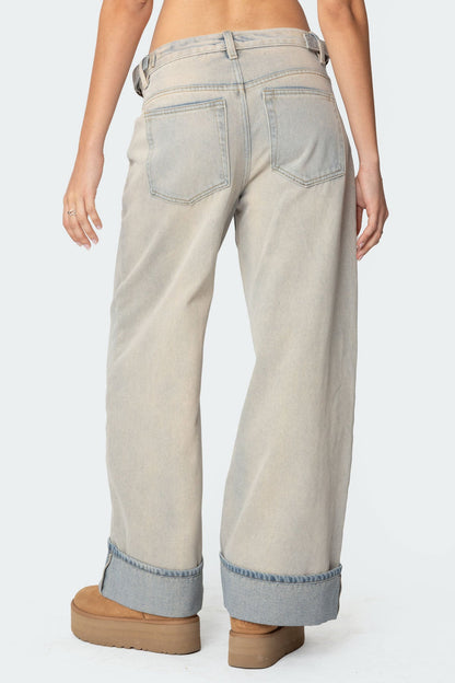 Double Belt Washed Low Rise Baggy Jeans