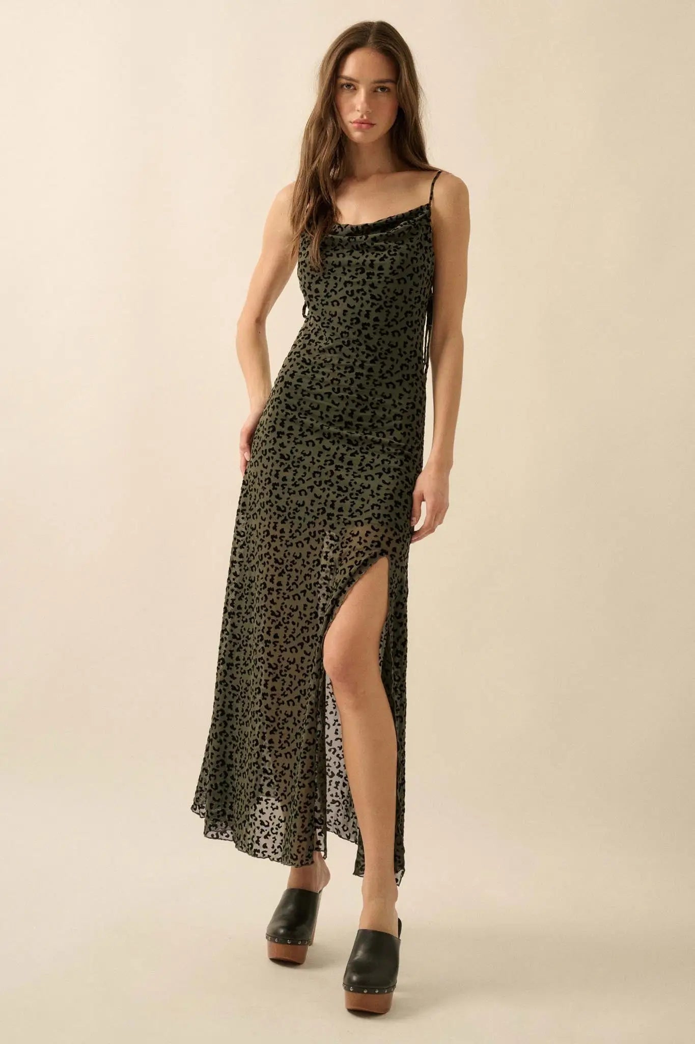 Wild Romance Leopard Mesh Cowl-Neck Maxi Dress
