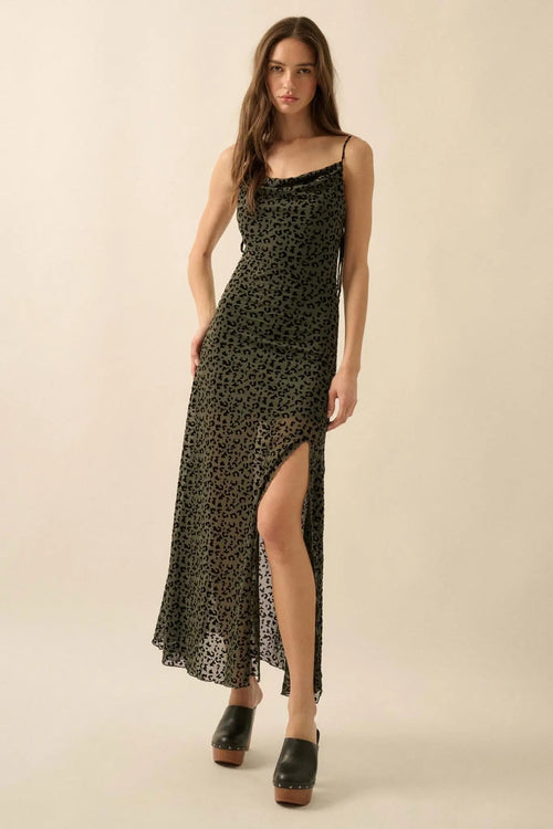 Wild Romance Leopard Mesh Cowl-Neck Maxi Dress