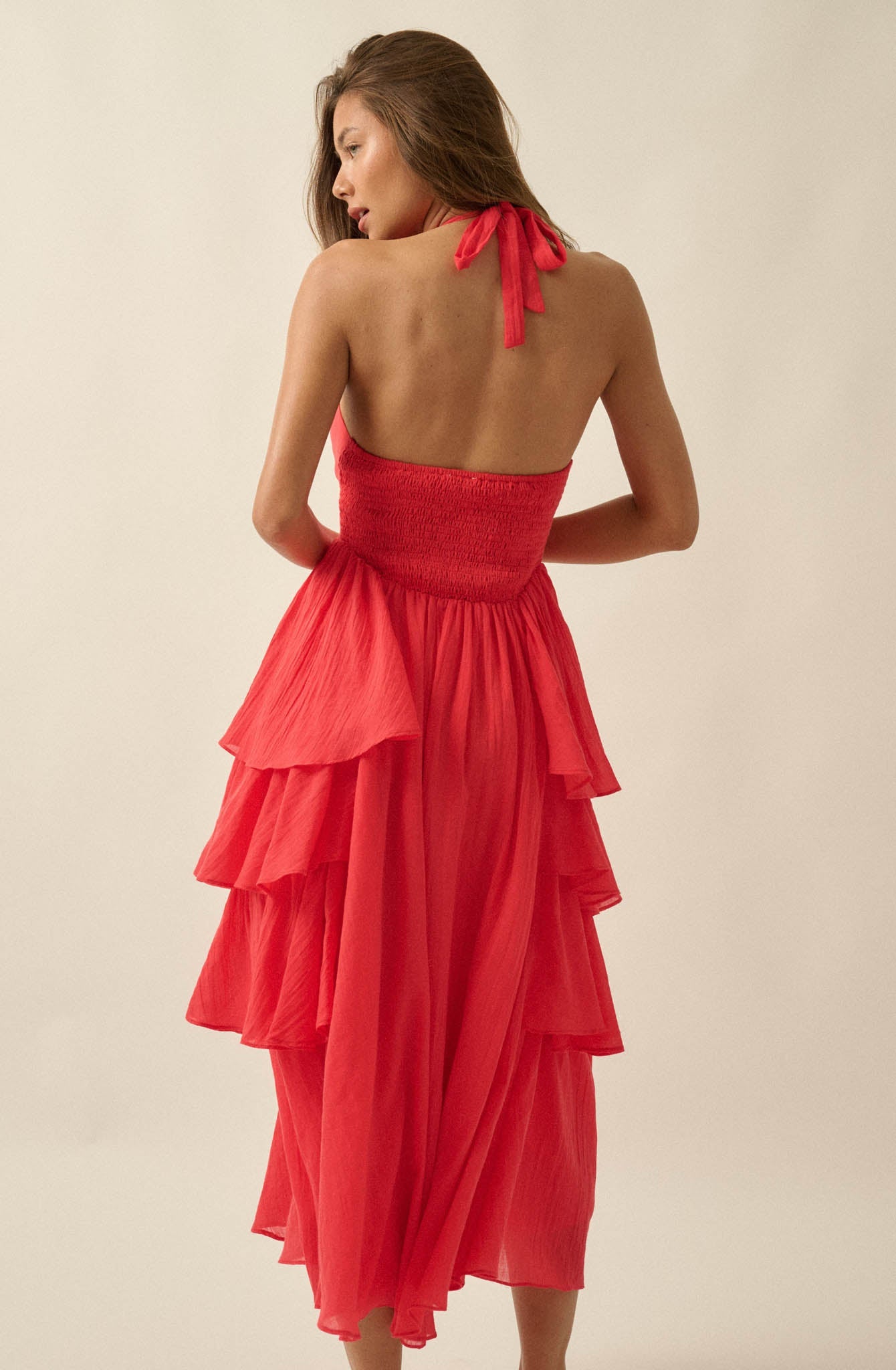 All Aflutter Gauze Tiered Ruffle Halter Maxi Dress