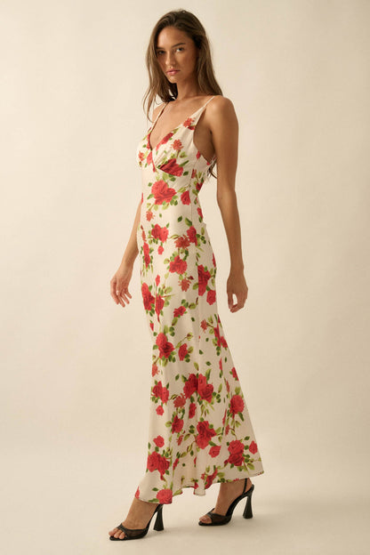 Sweetest Rose Floral-Print Satin Maxi Slip Dress