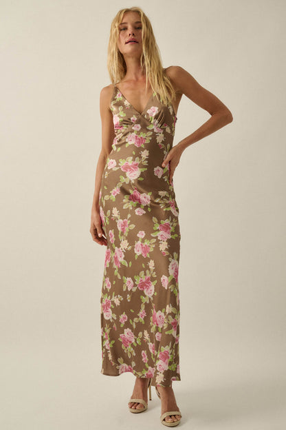 Sweetest Rose Floral-Print Satin Maxi Slip Dress