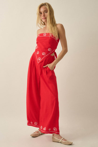 For Shore Shell-Embroidered Wide-Leg Pocket Pants