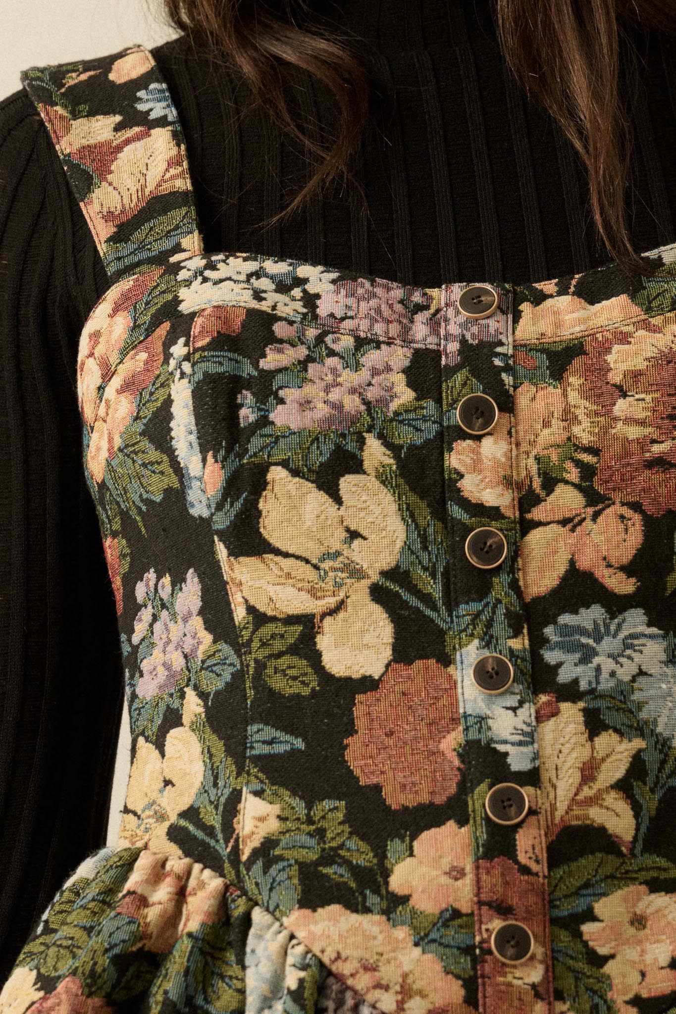 Stitched Garden Floral Tapestry Ruffle Romper Dress