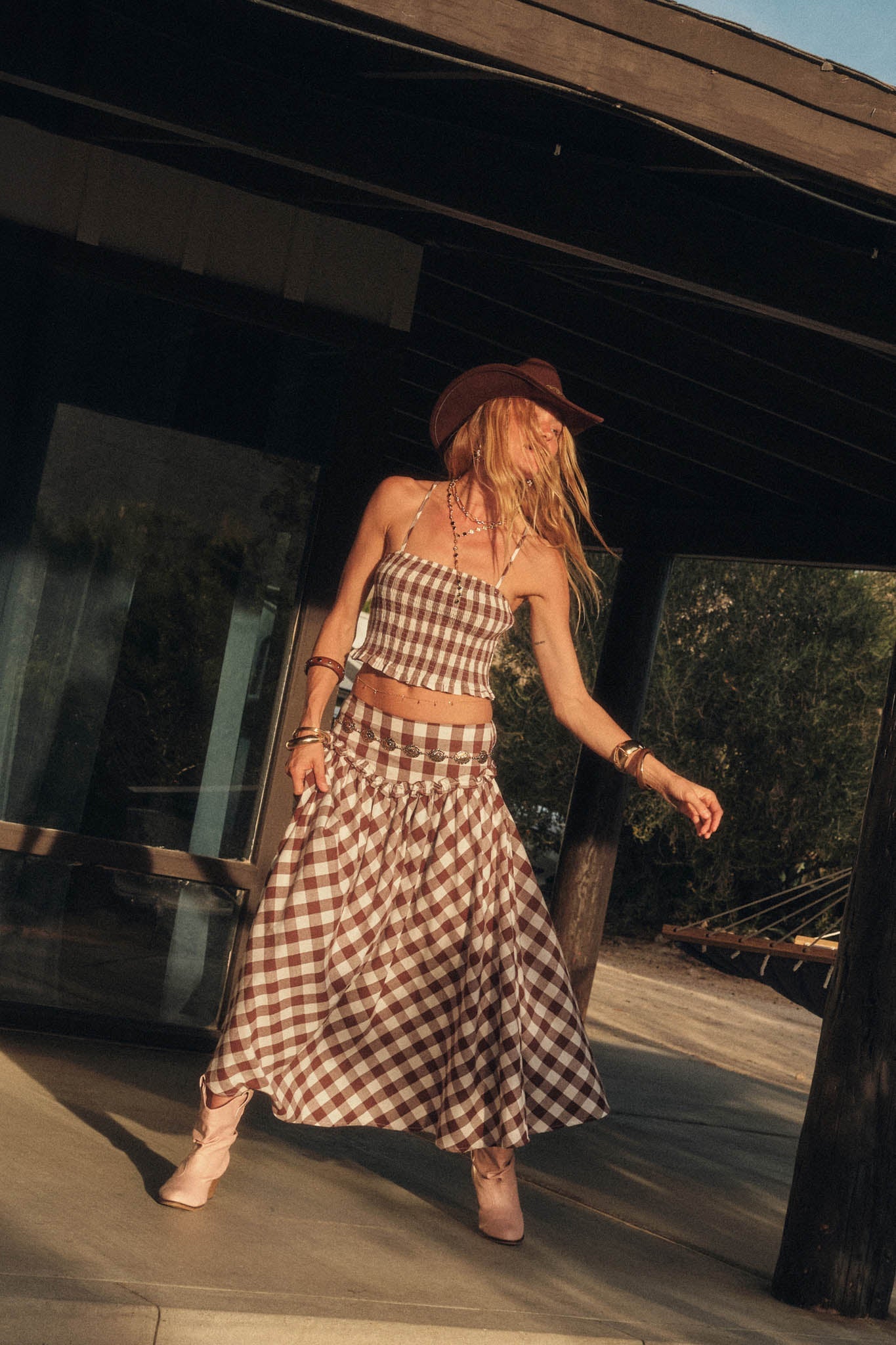 Delicious Days Gingham Plaid Drop-Waist Midi Skirt