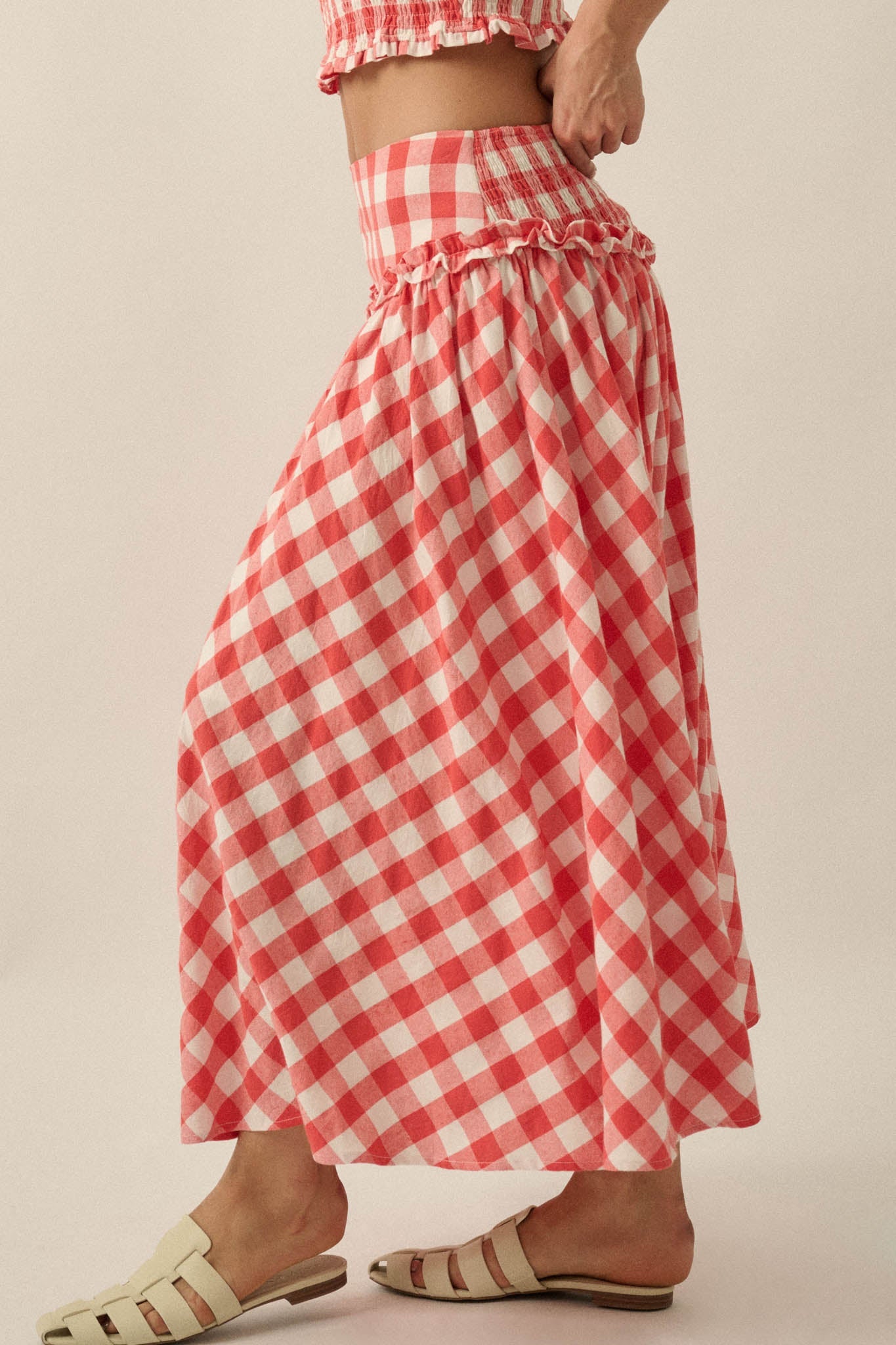 Delicious Days Gingham Plaid Drop-Waist Midi Skirt