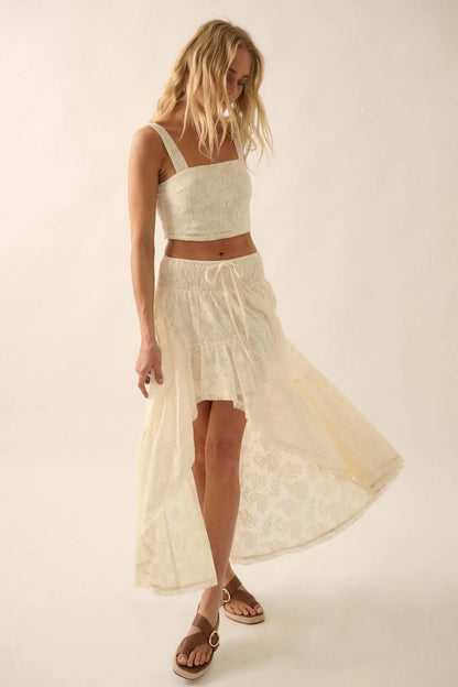 Pure Air Floral Lace Asymmetrical Ruffle Maxi Skirt