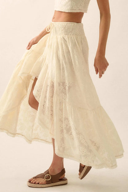 Pure Air Floral Lace Asymmetrical Ruffle Maxi Skirt
