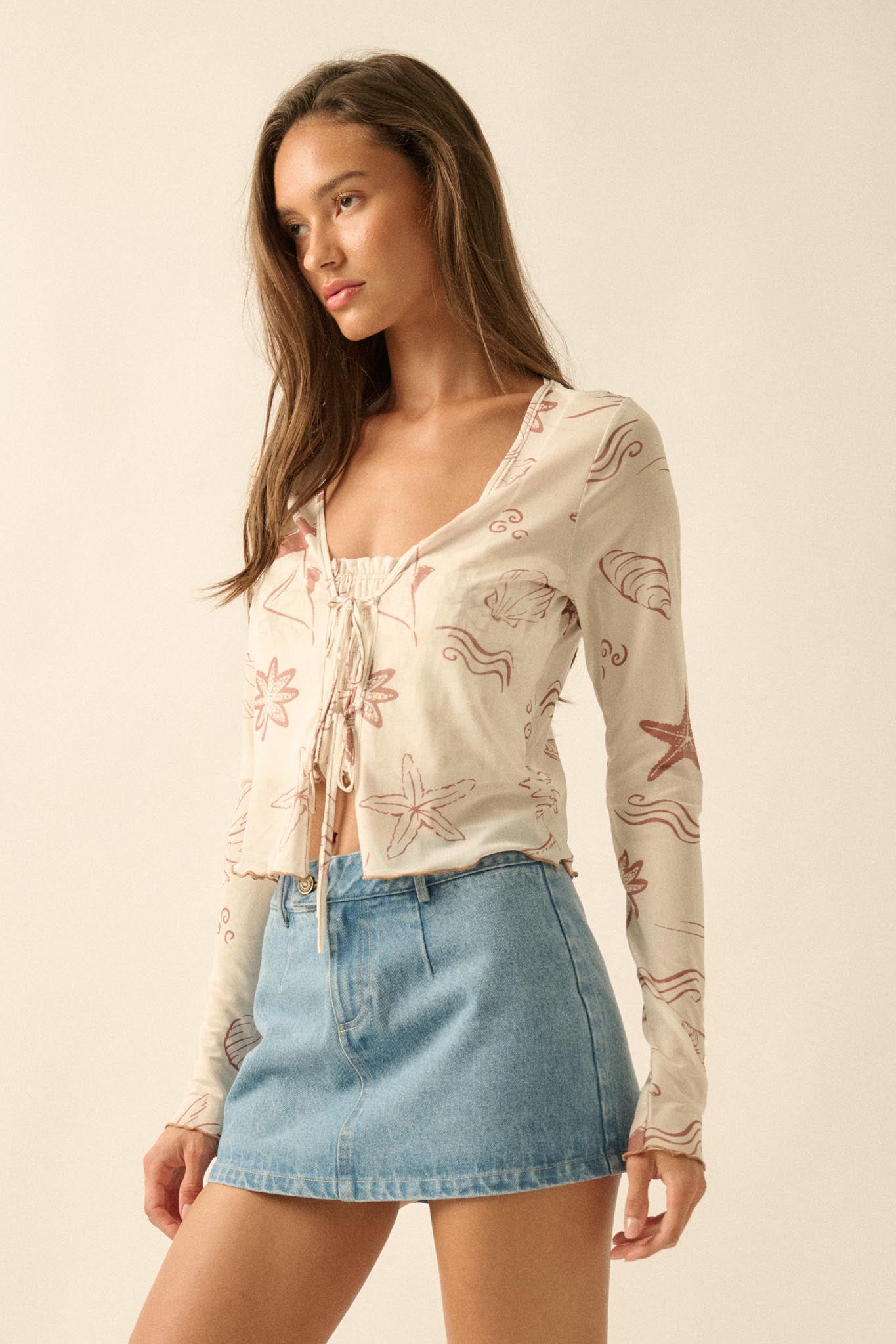 Wait and Sea Nautical Mesh Mock-Neck Thumbhole Top