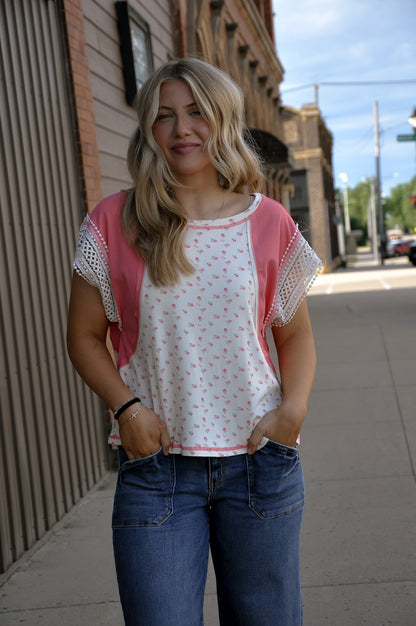 Floral Rib Knit with Crochet Trim Sleeves Top