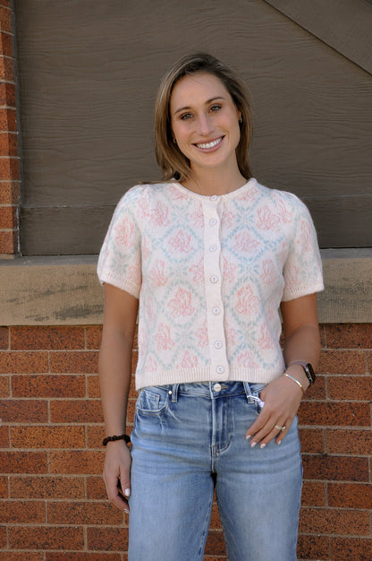 Floral Short Sleeve Sweater Cardigan