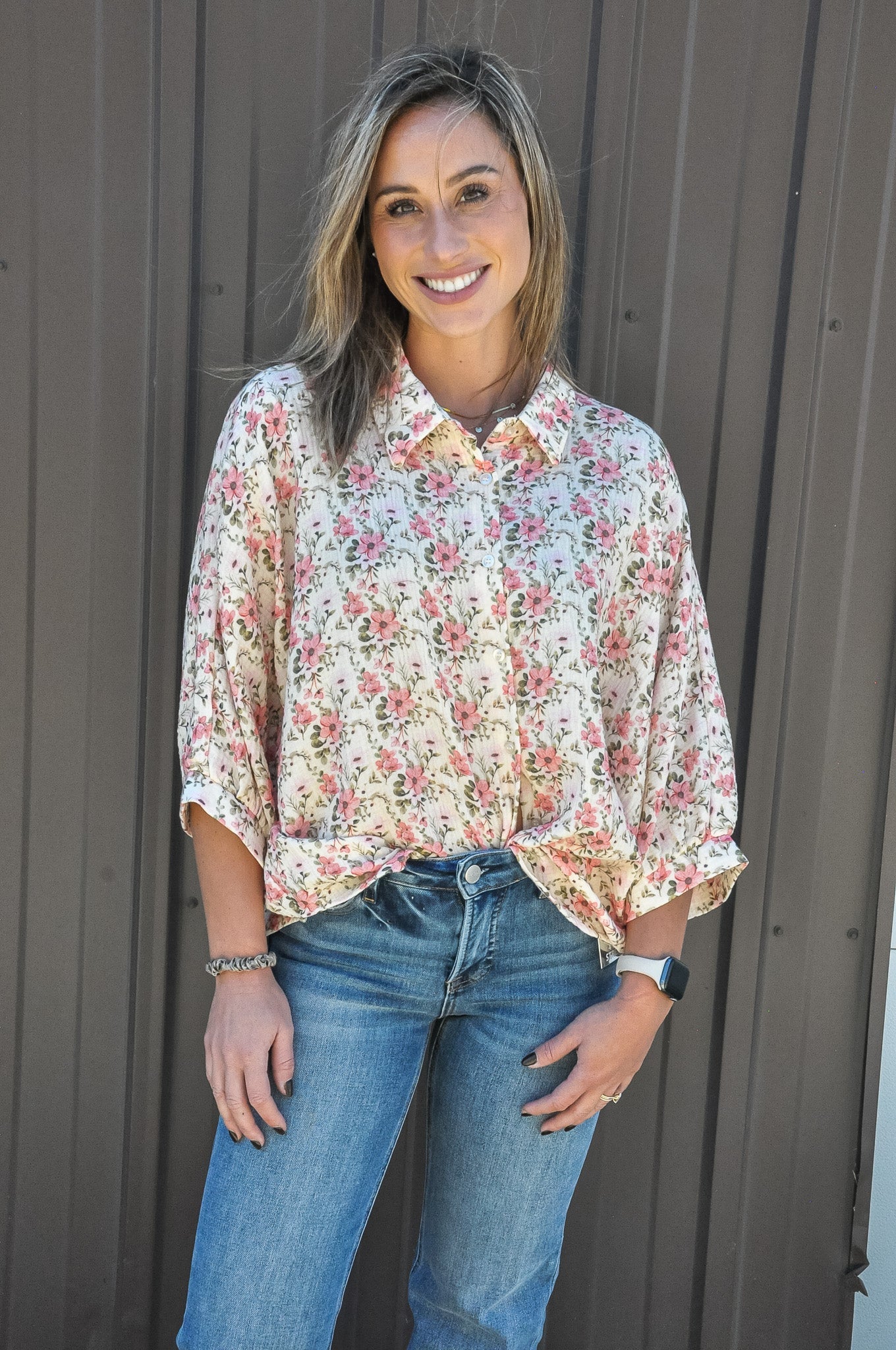 Flower Crinkle Short Dolman Blouse