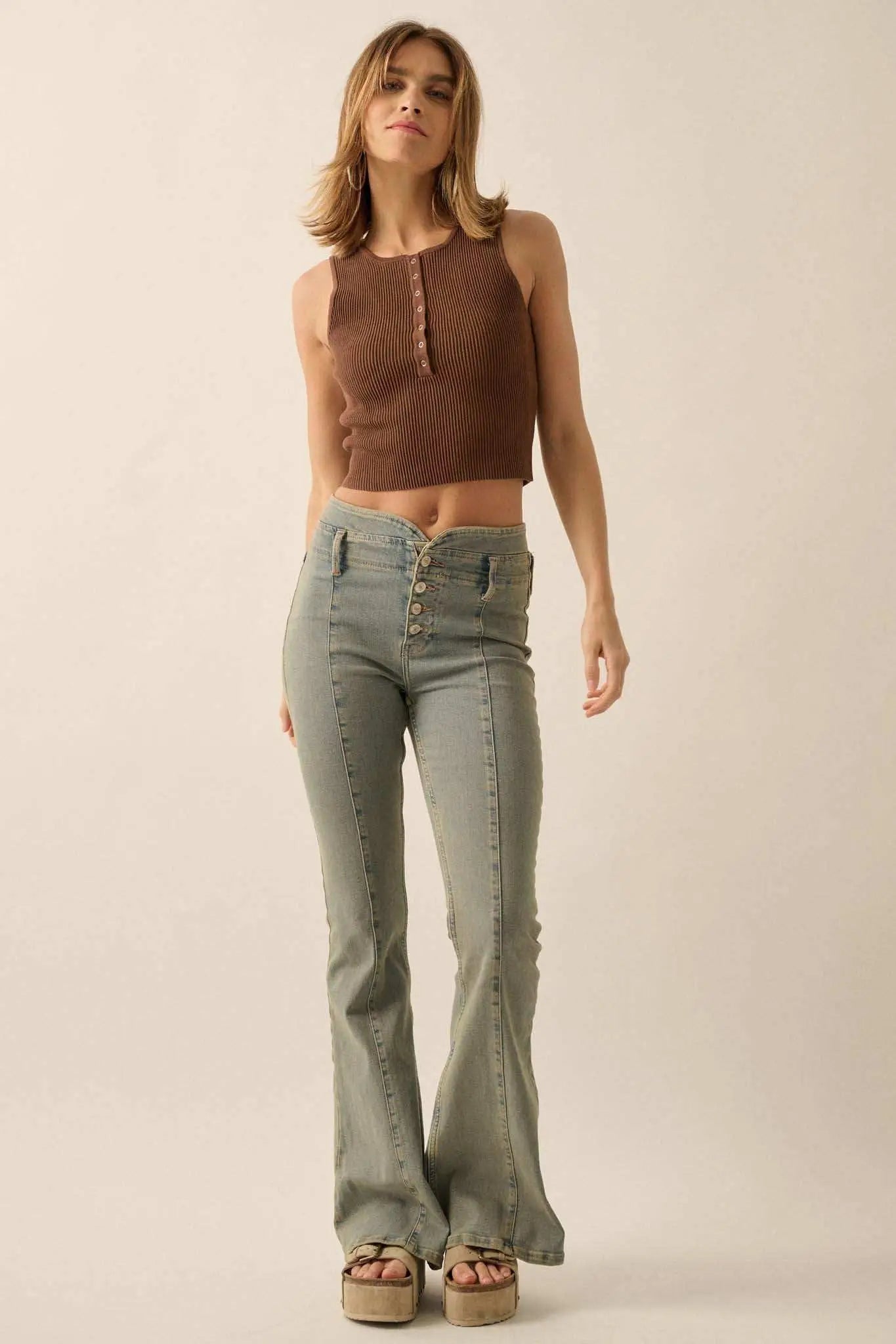 Shaper Fit Cropped Rib-Knit Sleeveless Henley Top