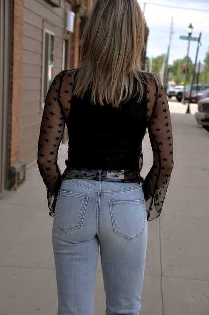 High Neckline Bell Sleeves Star Mesh Top